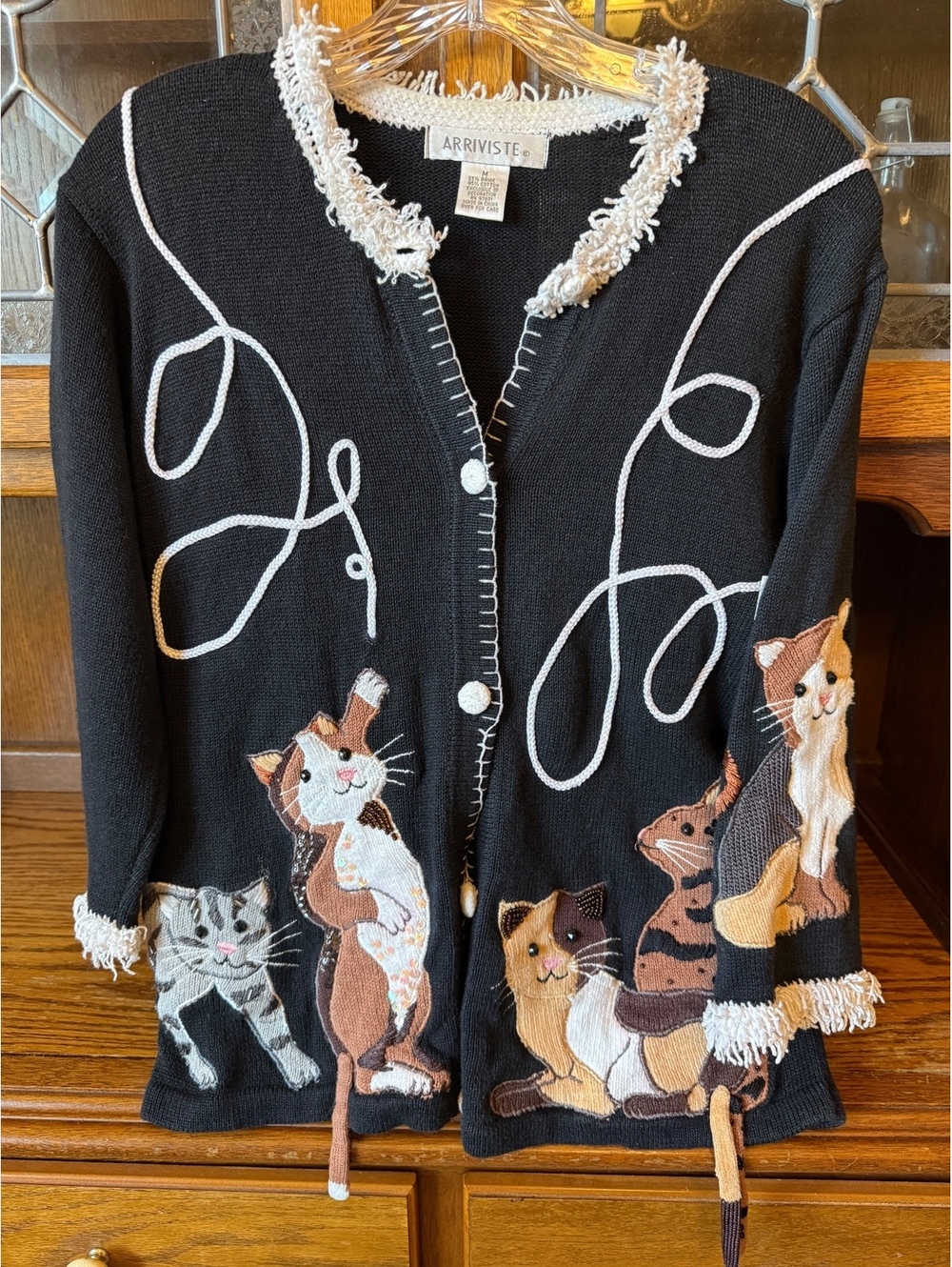 Vintage 90s ARRIVISTE Black Embroidered Cats Cardigan Size M Beaded Sequins
